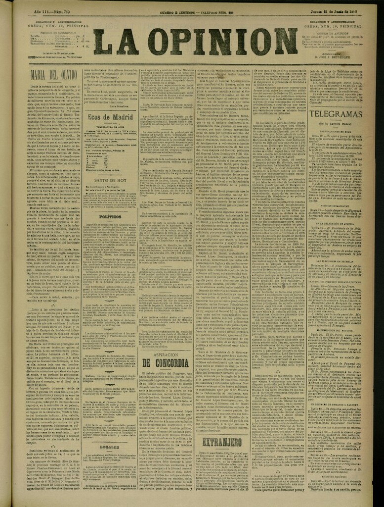Miniatura de La Opinión del 21 de junio de 1888, nº 760
