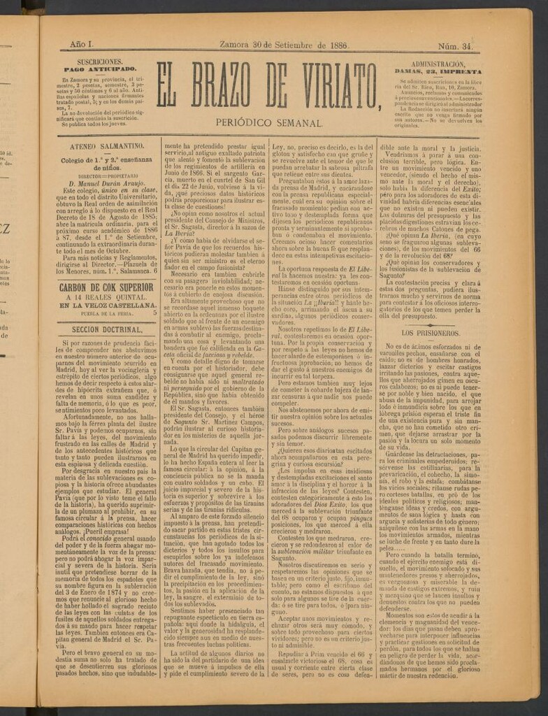 Miniatura de El Brazo de Viriato : periódico semanal del 30 de septiembre de 1886