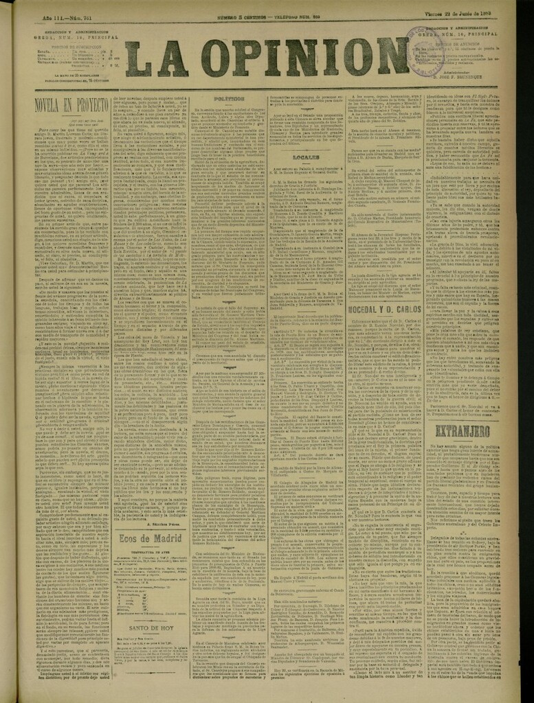Miniatura de La Opinión del 22 de junio de 1888, nº 761