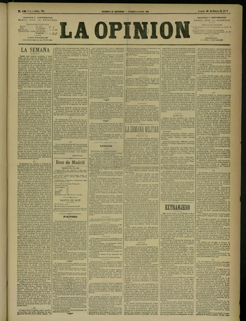 Miniatura de La Opinión del 25 de junio de 1888, nº 764
