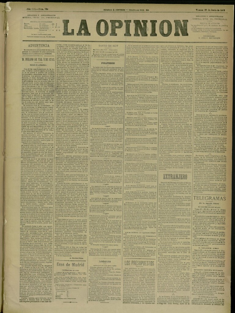 Miniatura de La Opinión del 29 de junio de 1888, nº 768