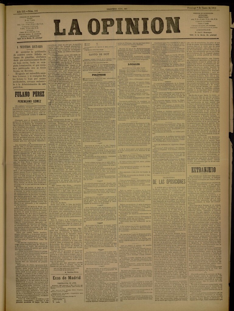 Miniatura de La Opinión del 8 de enero de 1888, nº 601