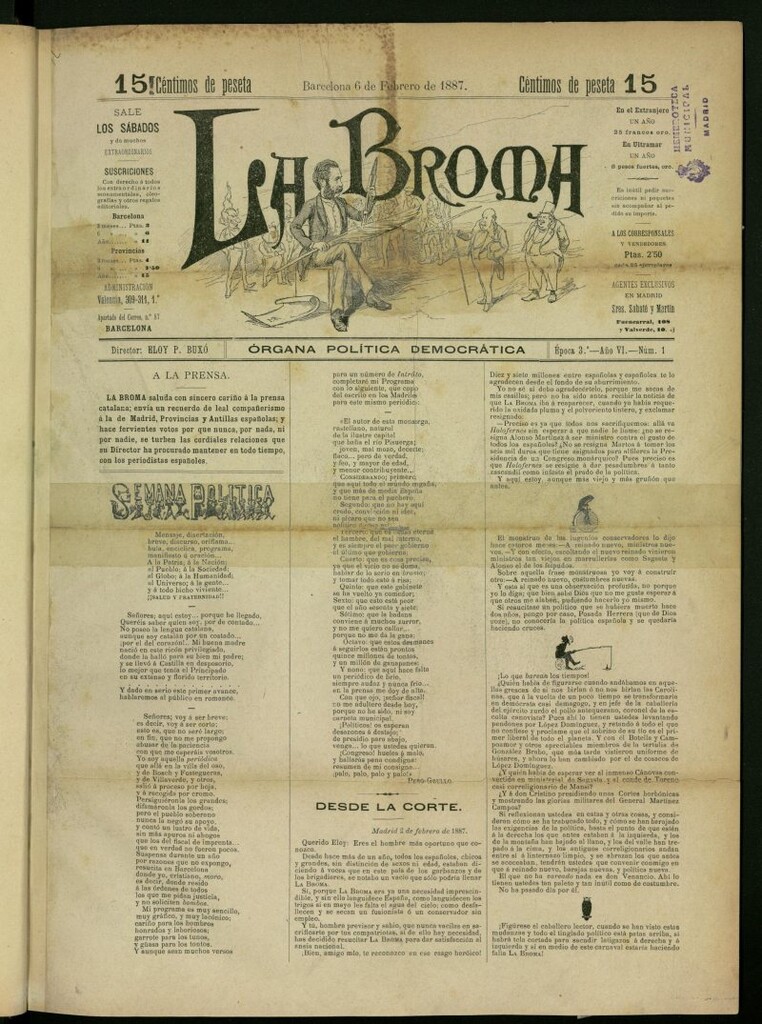 Miniatura de La Broma : órgana política liberala del 6 de febrero de 1887, nº 1