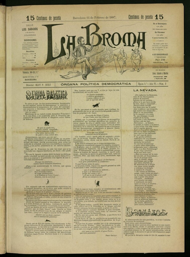 Miniatura de La Broma : órgana política liberala del 14 de febrero de 1887, nº 2
