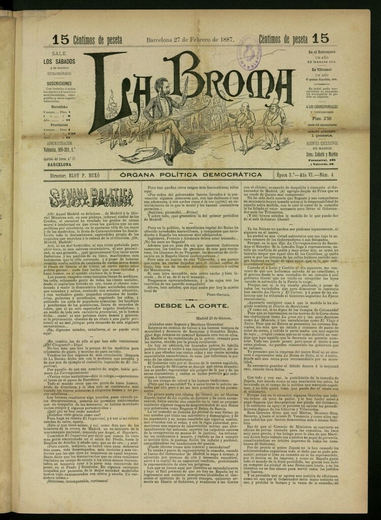 Miniatura de La Broma : órgana política liberala del 27 de febrero de 1887, nº 4