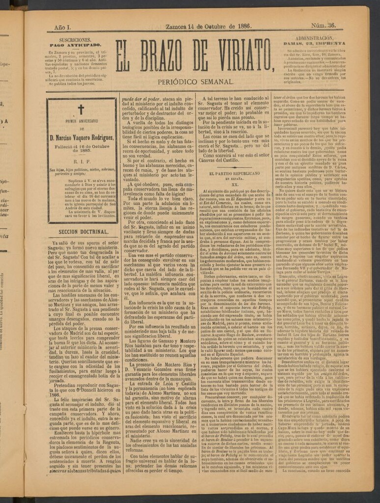 Miniatura de El Brazo de Viriato : periódico semanal del 14 de octubre de 1886
