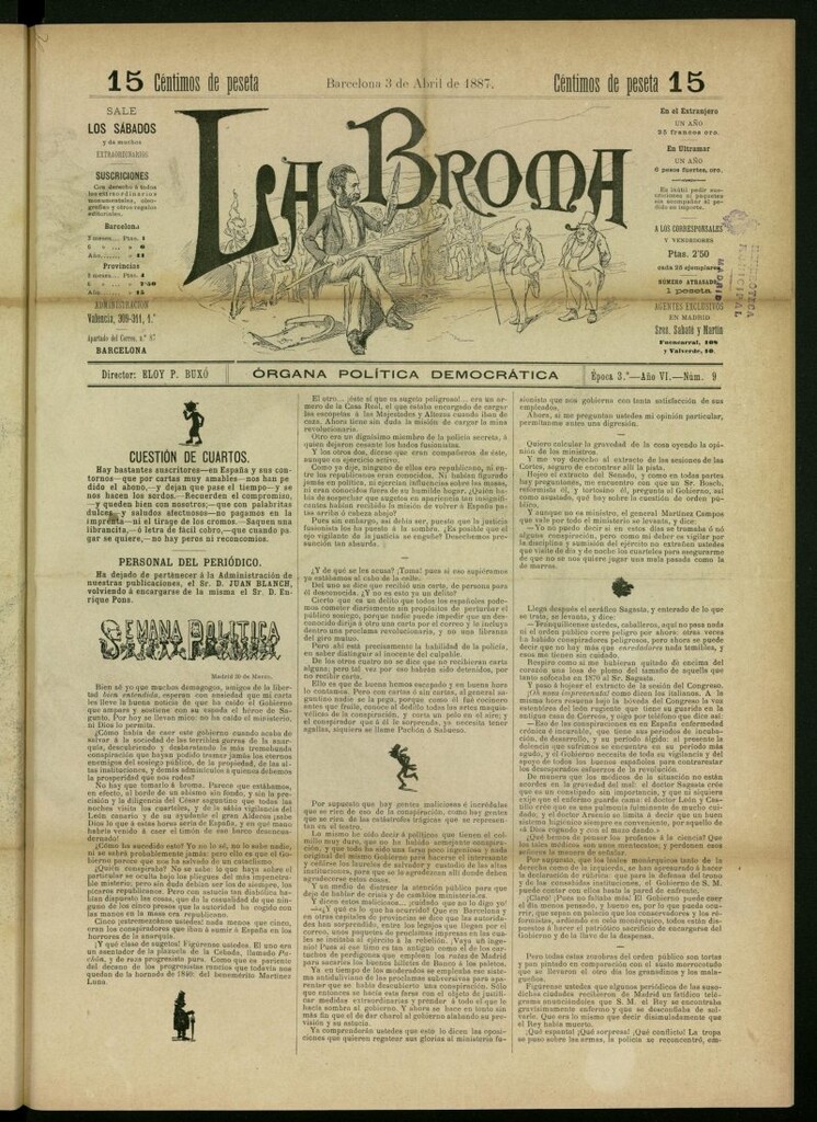Miniatura de La Broma : órgana política liberala del 3 de abril de 1887, nº 9