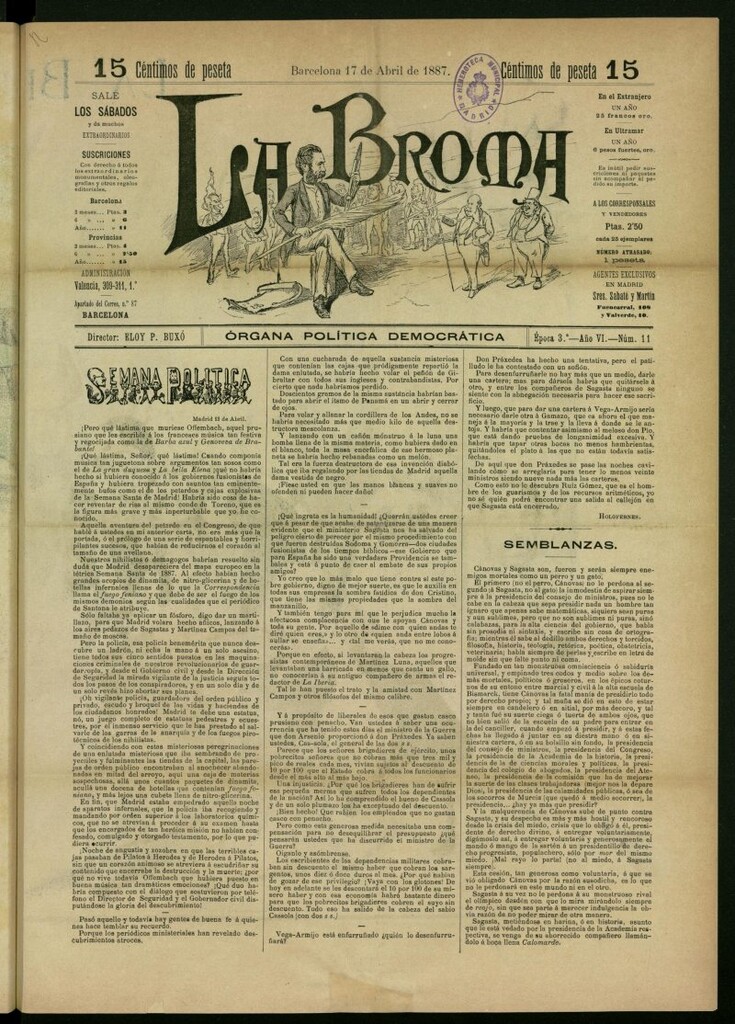 Miniatura de La Broma : órgana política liberala del 17 de abril de 1887, nº 11