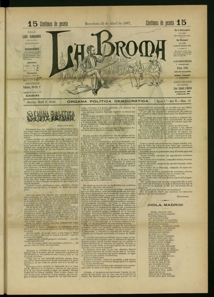 Miniatura de La Broma : órgana política liberala del 24 de abril de 1887, nº 12
