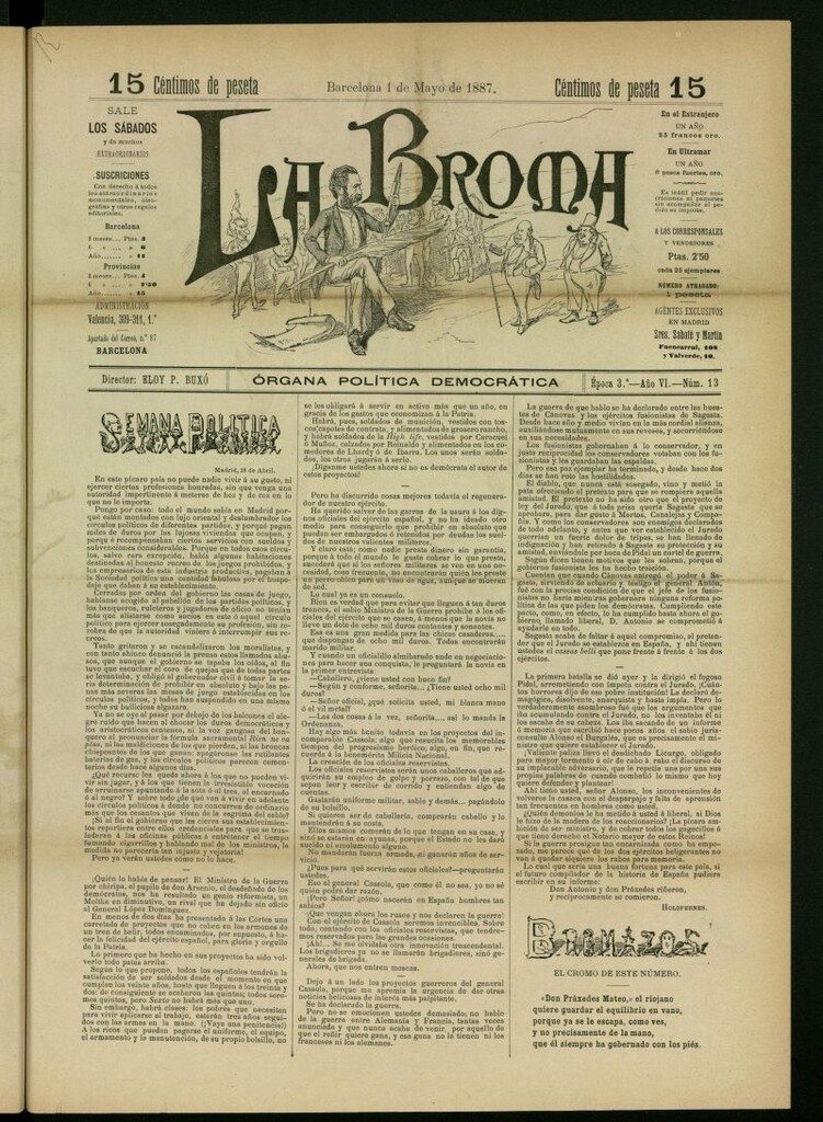 Miniatura de La Broma : órgana política liberala del 1 de mayo de 1887, nº 13