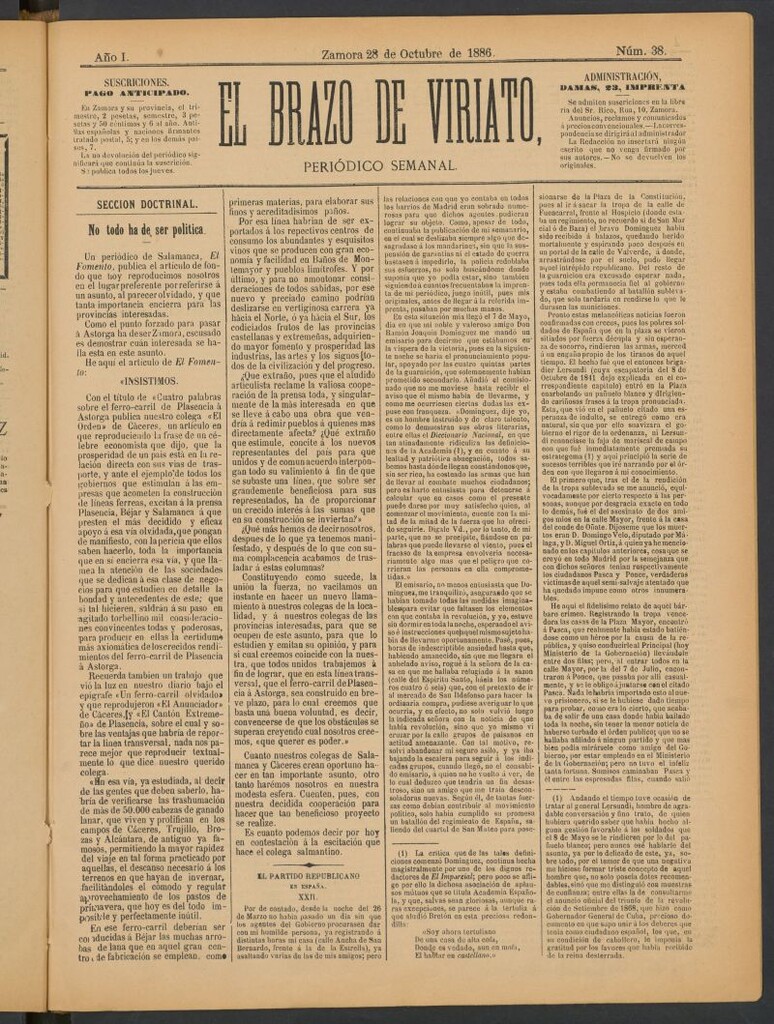 Miniatura de El Brazo de Viriato : periódico semanal del 28 de octubre de 1886