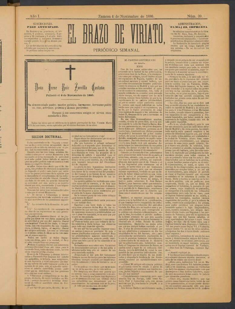 Miniatura de El Brazo de Viriato : periódico semanal del 4 de noviembre de 1886