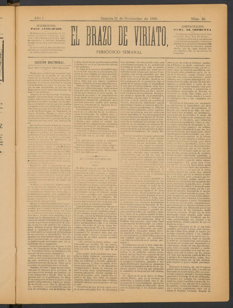 Miniatura de El Brazo de Viriato : periódico semanal del 11 de noviembre de 1886