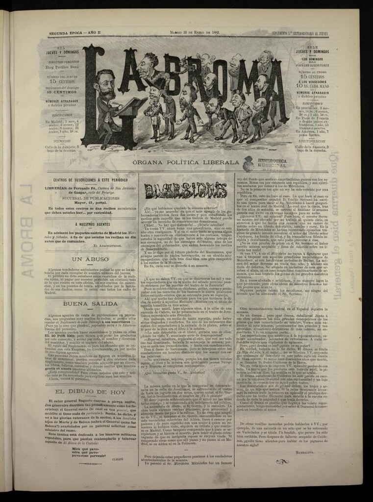Miniatura de La Broma, de 22 de enero de 1882, suplemento 3º extraordinario al jueves