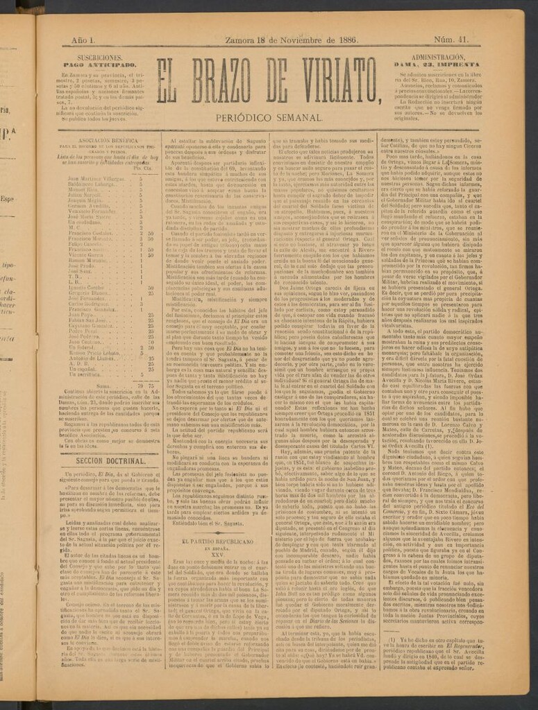 Miniatura de El Brazo de Viriato : periódico semanal del 18 de noviembre de 1886