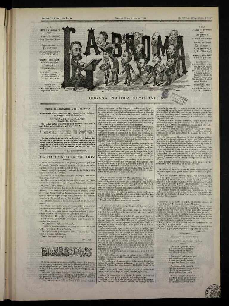Miniatura de La Broma, de 12 de marzo de 1882, suplemento 10º extraordinario al jueves