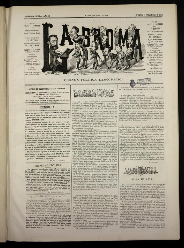 Miniatura de La Broma, de 2 de abril de 1882, suplemento 13º extraordinario al jueves
