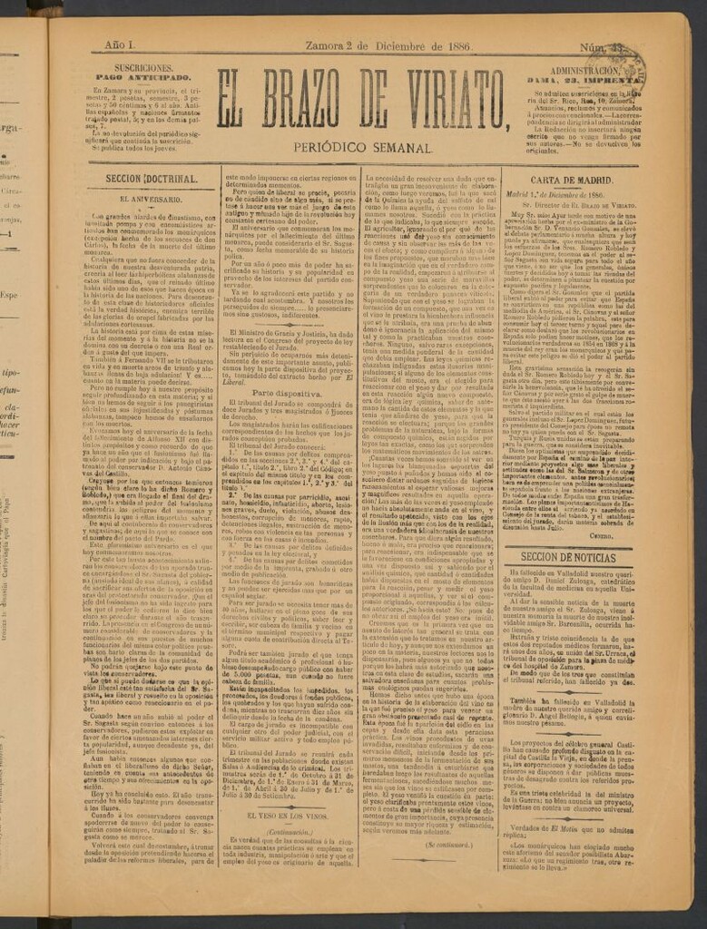 Miniatura de El Brazo de Viriato : periódico semanal del 2 de diciembre de 1886