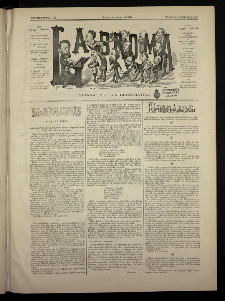 Miniatura de La Broma, de 16 de abril de 1882, suplemento 15º extraordinario al jueves