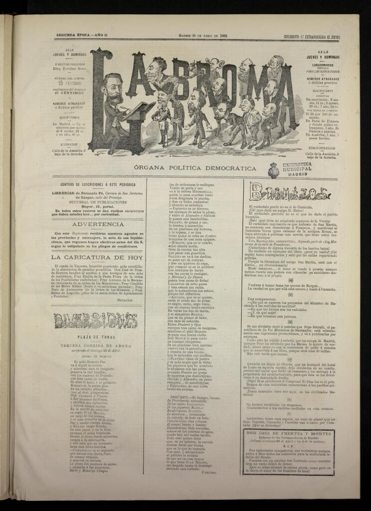 Miniatura de La Broma, de 30 de abril de 1882, suplemento 17º extraordinario al jueves
