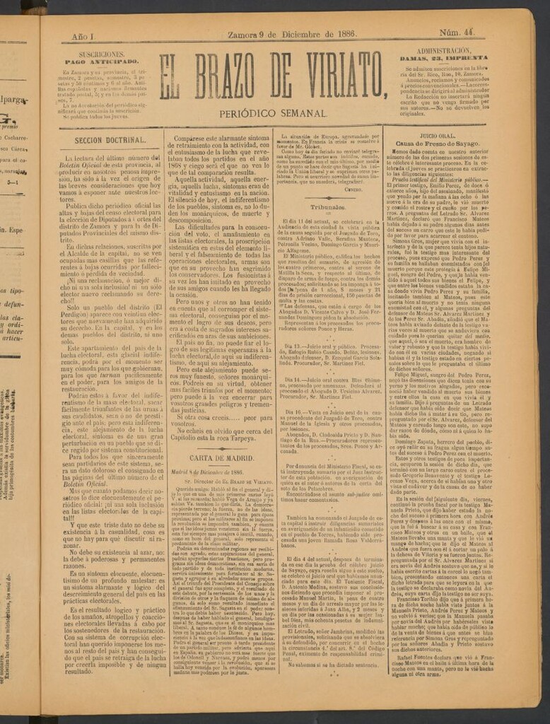 Miniatura de El Brazo de Viriato : periódico semanal del 9 de diciembre de 1886