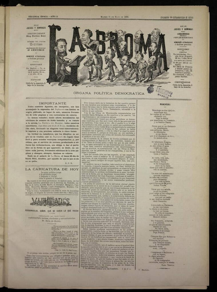 Miniatura de La Broma, de 21 de mayo de 1882, suplemento 20º extraordinario al jueves