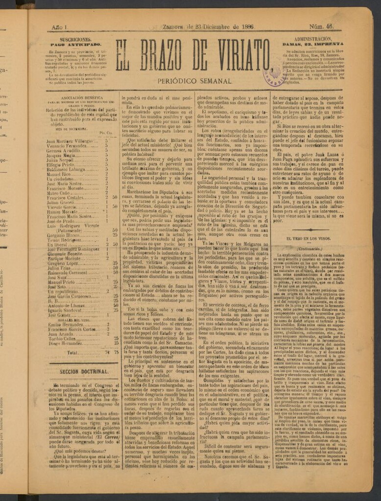 Miniatura de El Brazo de Viriato : periódico semanal del 23 de diciembre de 1886