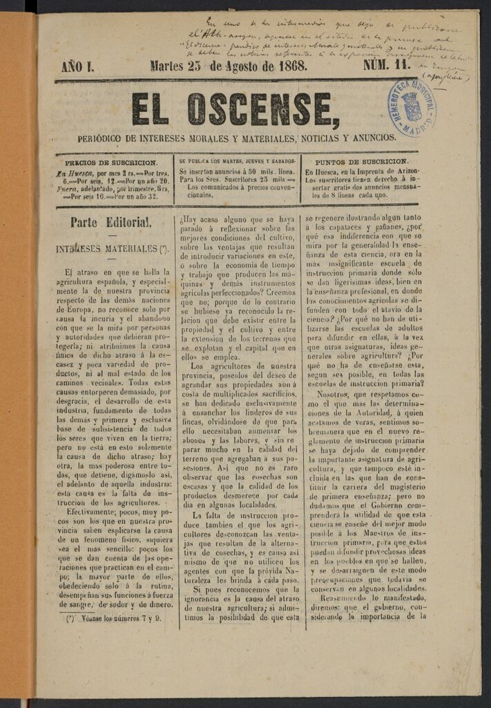Miniatura de El Oscense (Huesca, 1868)