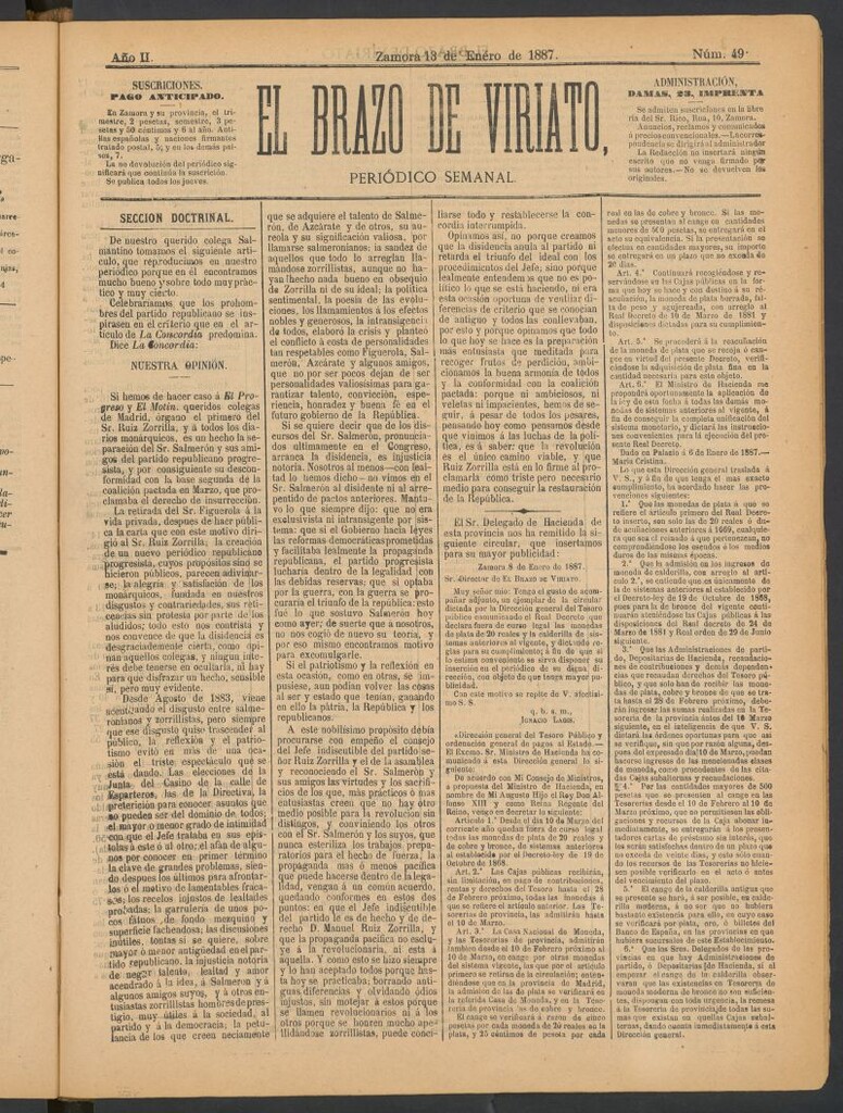Miniatura de El Brazo de Viriato : periódico semanal del 13 de enero de 1887