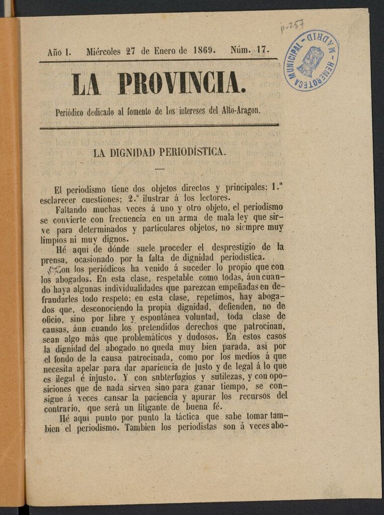 Miniatura de La Provincia: periódico dedicado al fomento de los intereses del Alto Aragón