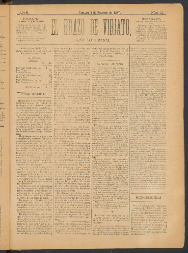 Miniatura de El Brazo de Viriato : periódico semanal del 3 de febrero de 1887