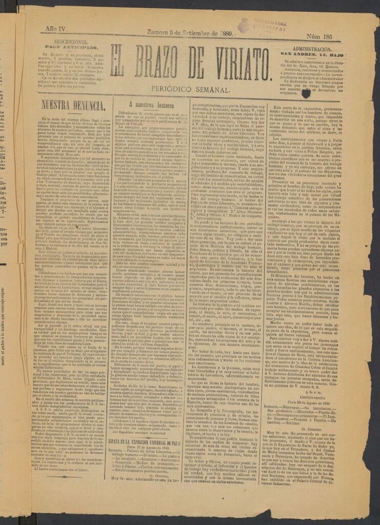 Miniatura de El Brazo de Viriato : periódico semanal del 5 de septiembre de 1889