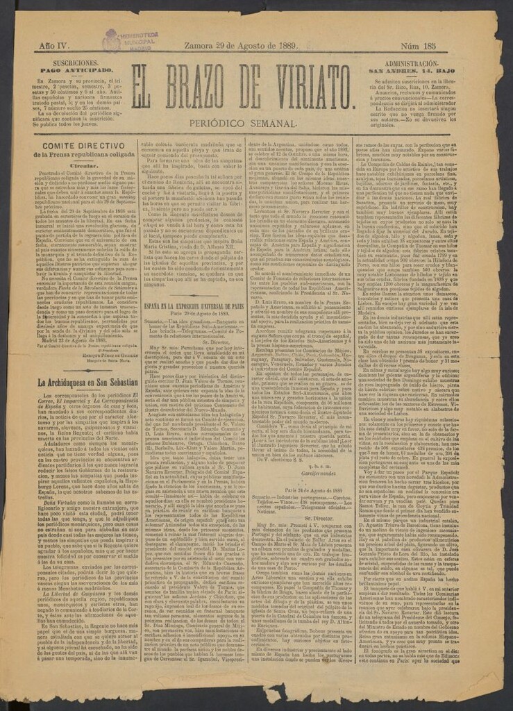 Miniatura de El Brazo de Viriato : periódico semanal del 29 de agosto de 1889