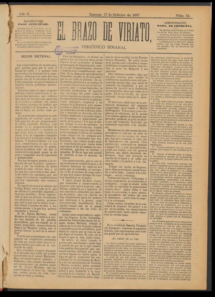 Miniatura de El Brazo de Viriato : periódico semanal del del 17 de febrero de 1887