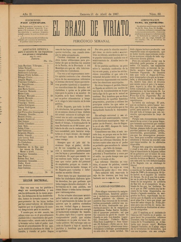 Miniatura de El Brazo de Viriato : periódico semanal del del 21 de abril de 1887