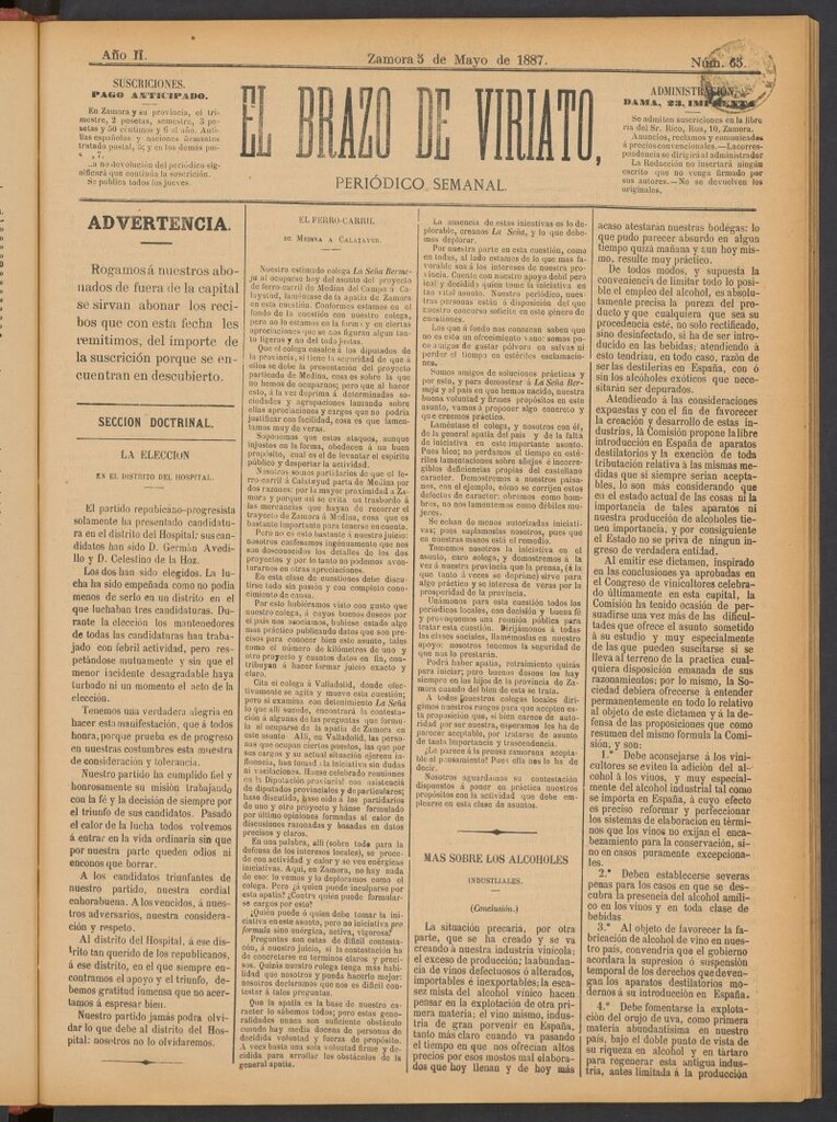 Miniatura de El Brazo de Viriato : periódico semanal del del 5 de mayo de 1887