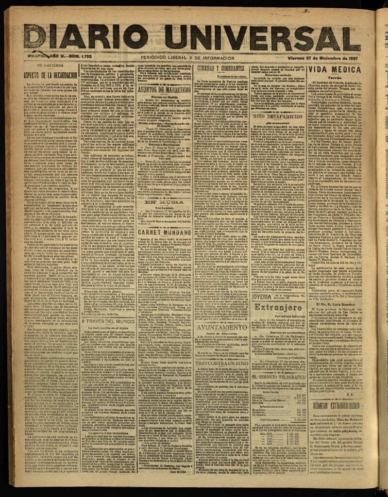 Miniatura de Diario Universal del 27 de diciembre de 1907