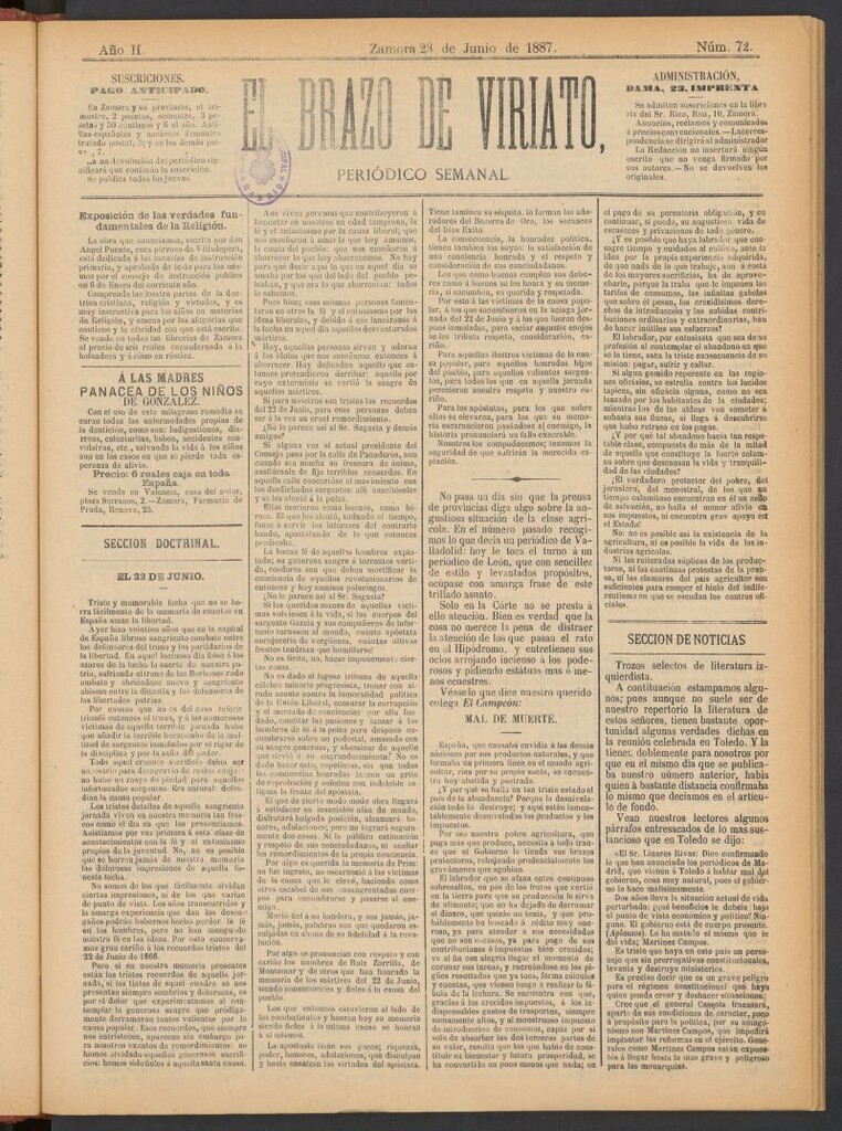 Miniatura de El Brazo de Viriato : periódico semanal del del 23 de junio de 1887
