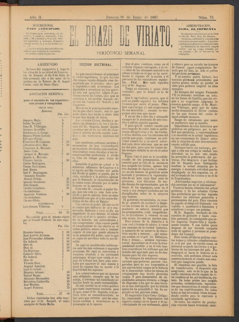 Miniatura de El Brazo de Viriato : periódico semanal del del 30 de junio de 1887