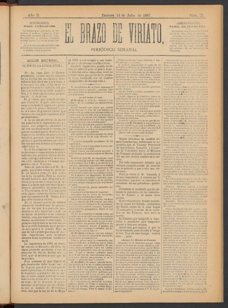 Miniatura de El Brazo de Viriato : periódico semanal del del 14 de julio de 1887