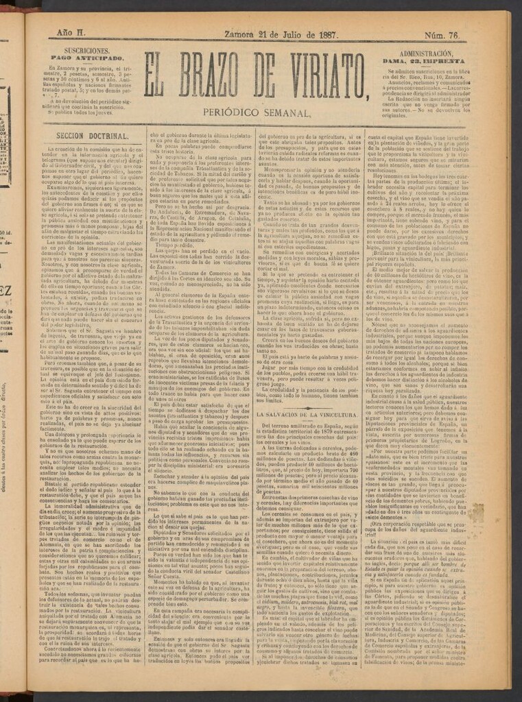 Miniatura de El Brazo de Viriato : periódico semanal del del 21 de julio de 1887