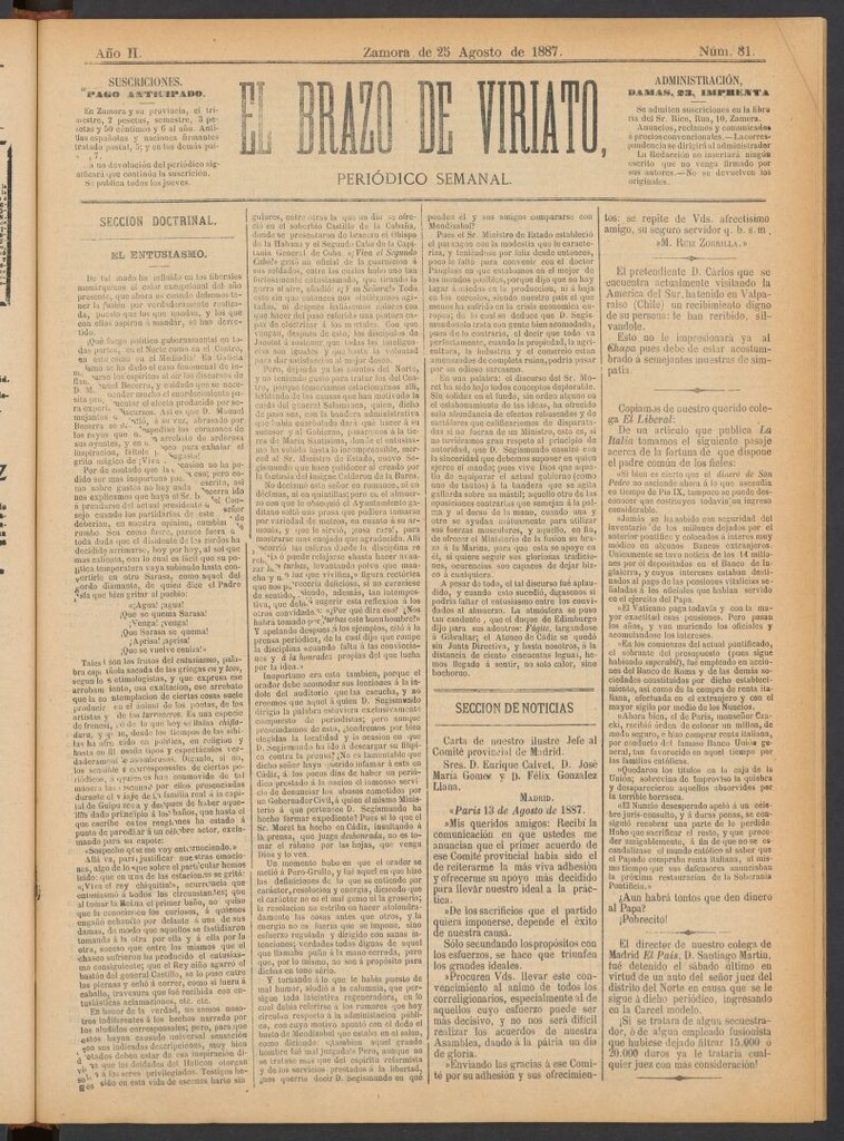 Miniatura de El Brazo de Viriato : periódico semanal del del 25 de agosto de 1887
