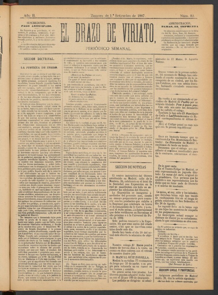 Miniatura de El Brazo de Viriato : periódico semanal del del 1 de septiembre de 1887