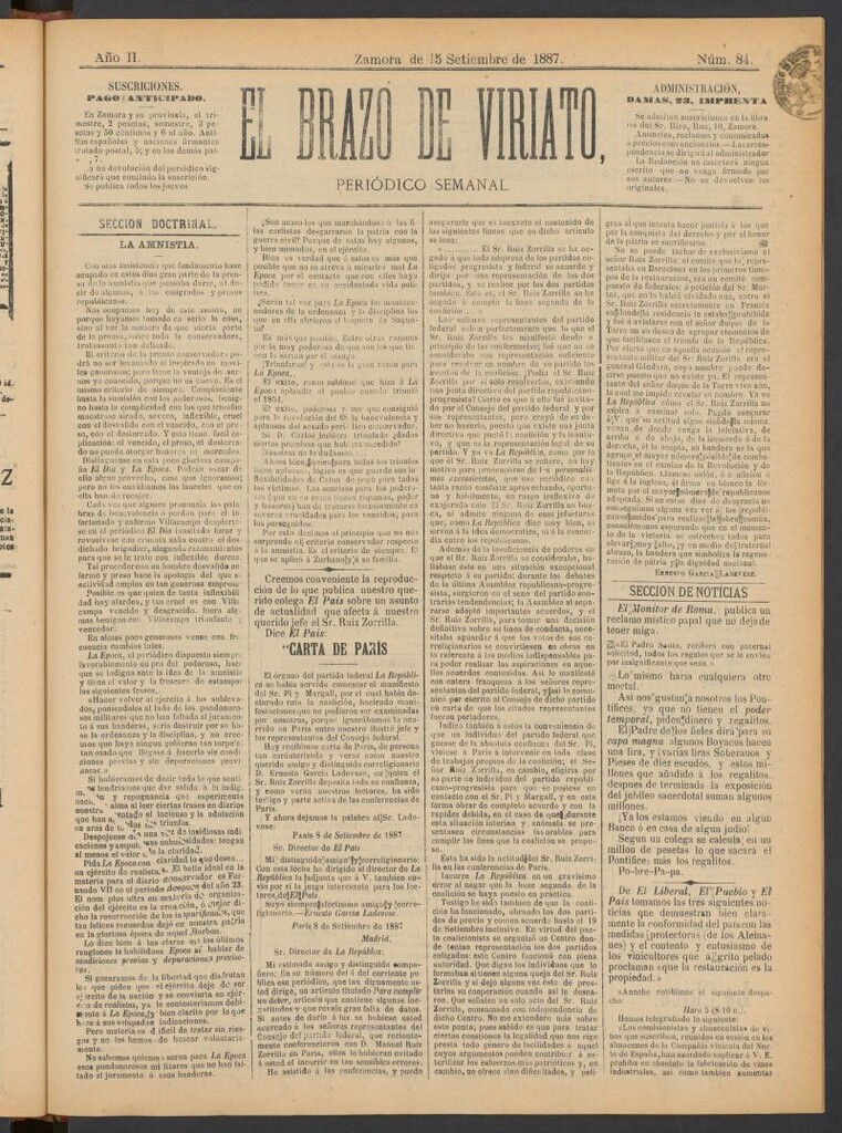 Miniatura de El Brazo de Viriato : periódico semanal del del 15 de septiembre de 1887