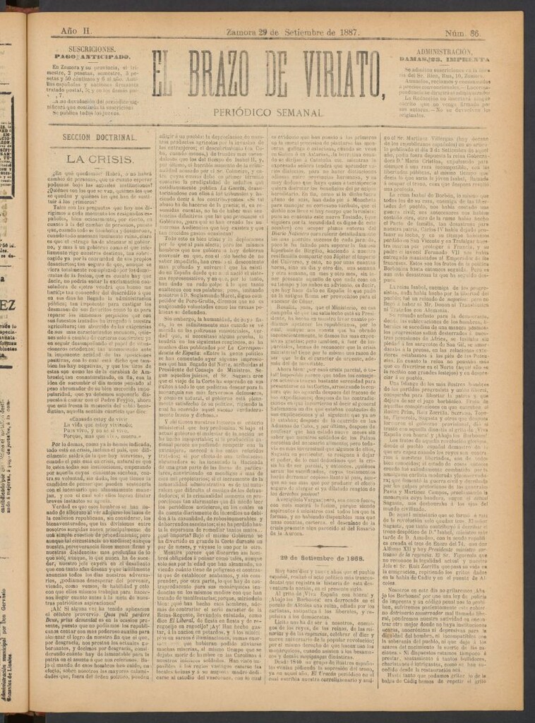 Miniatura de El Brazo de Viriato : periódico semanal del del 29 de septiembre de 1887