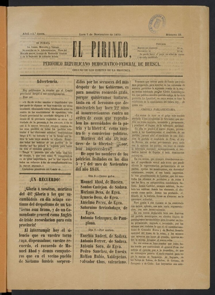 Miniatura de El Pirineo: periódico republicano democrático-federal de Huesca