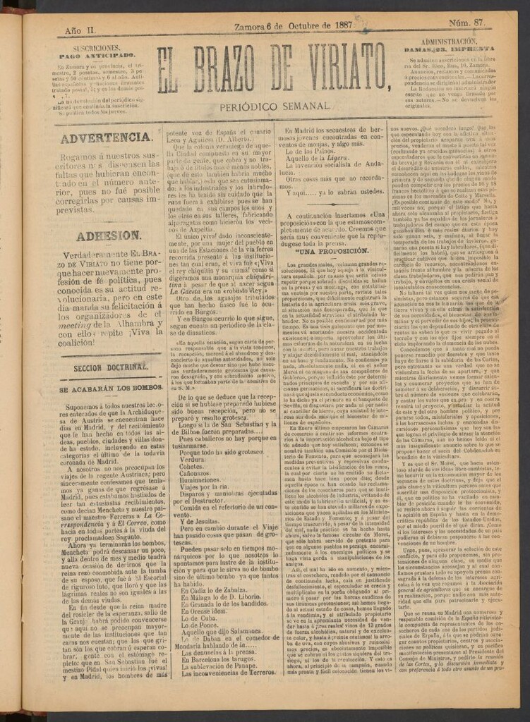 Miniatura de El Brazo de Viriato : periódico semanal del del 6 de octubre de 1887