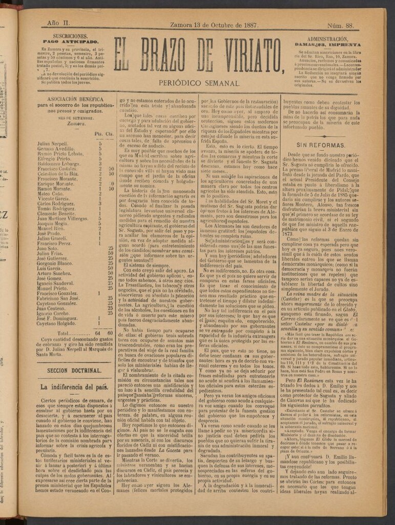 Miniatura de El Brazo de Viriato : periódico semanal del del 13 de octubre de 1887