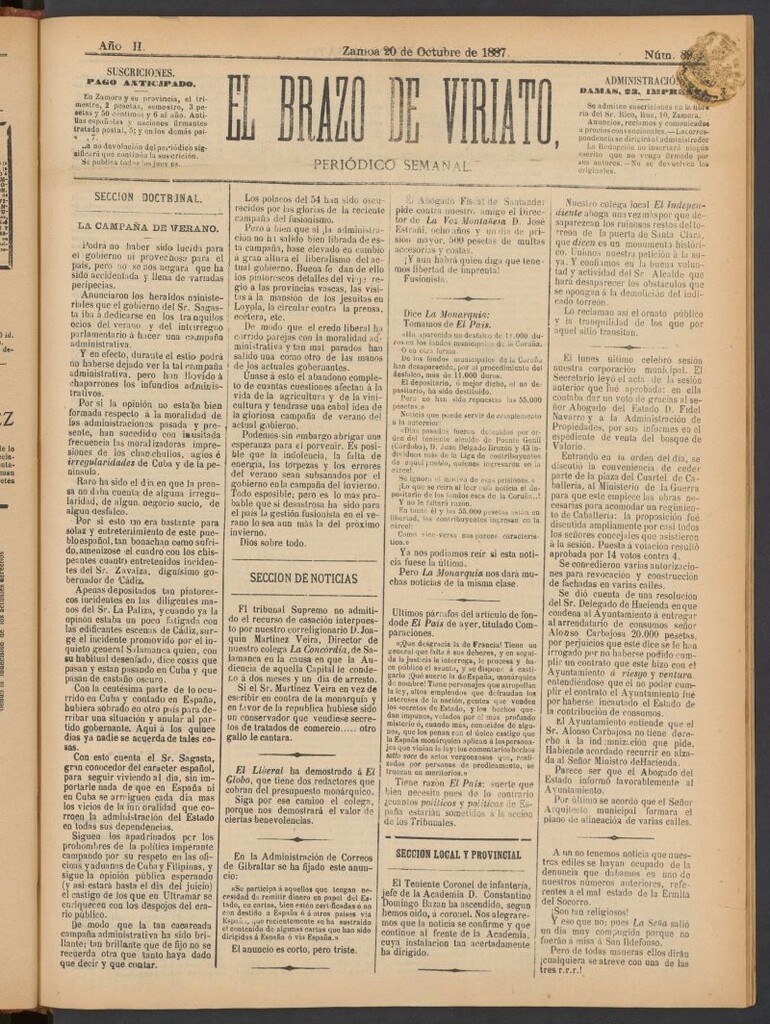 Miniatura de El Brazo de Viriato : periódico semanal del del 20 de octubre de 1887