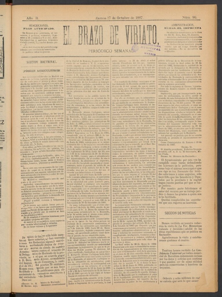 Miniatura de El Brazo de Viriato : periódico semanal del del 27 de octubre de 1887